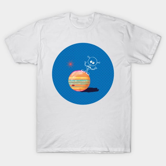 Fallen Jupiter Moons – pattern orange on blue T-Shirt by colorofmagic